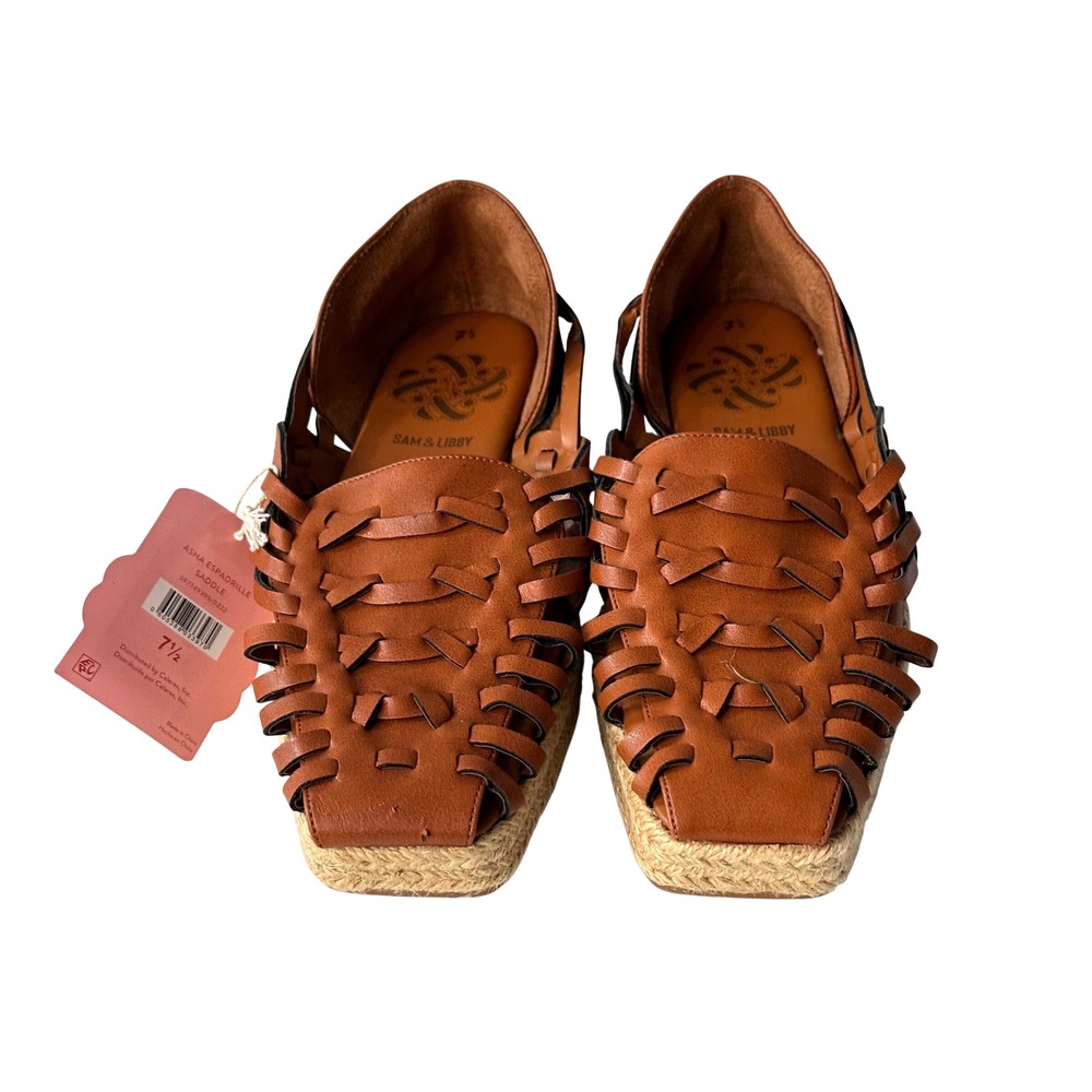 Sam & Libby Asha Espadrille Saddle Brown Woven Huarache Flat Square Toe 7.5 NEW